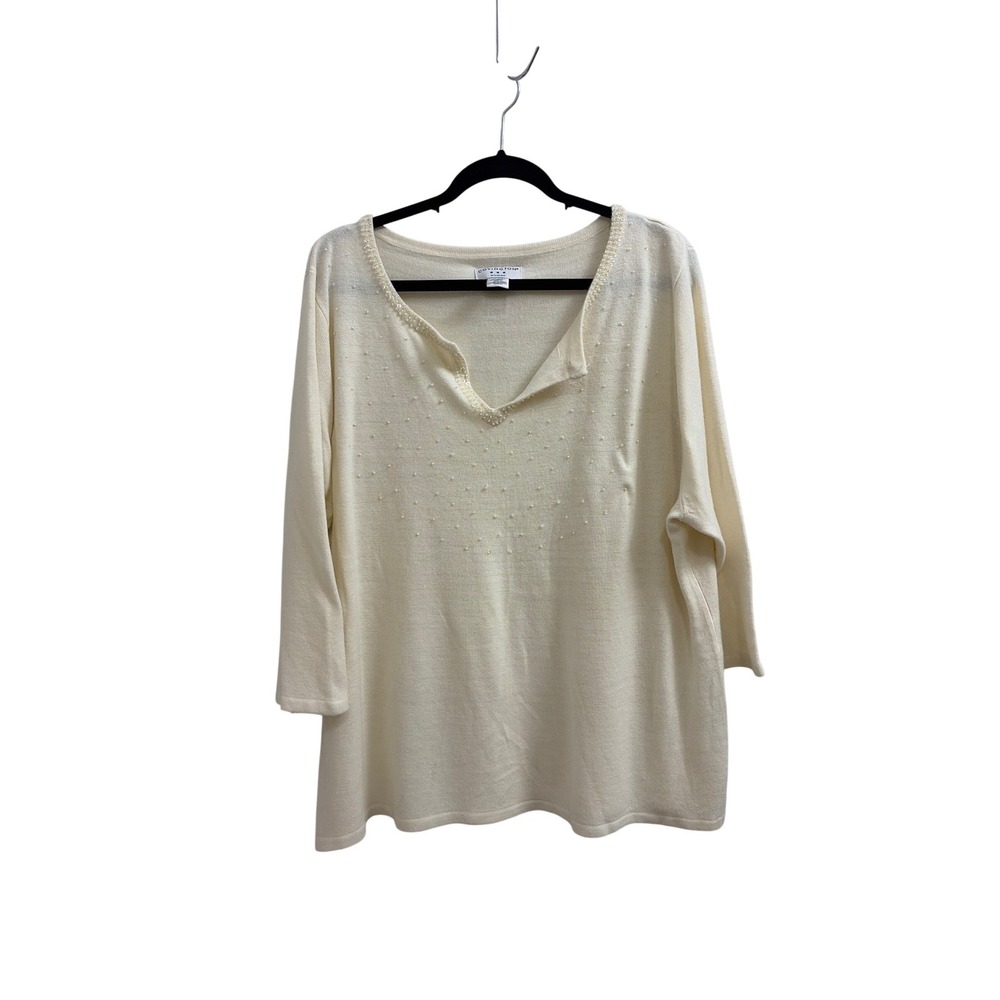 Knit Top Beaded Coquette Covington Woman 20-22W Cream 3/4 Sleeve Split‎ Neck